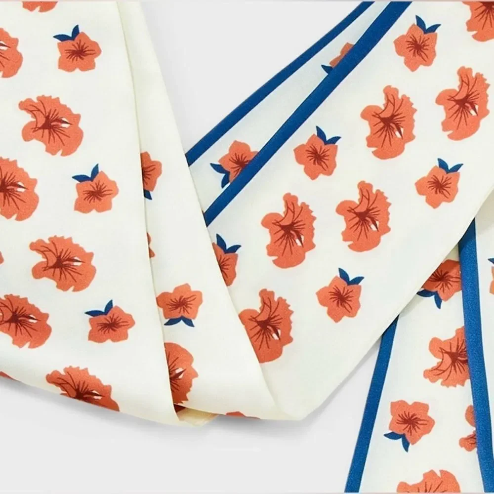 a new day White Blue Coral Hibiscus Floral Skinny Head Neck Purse Scarf